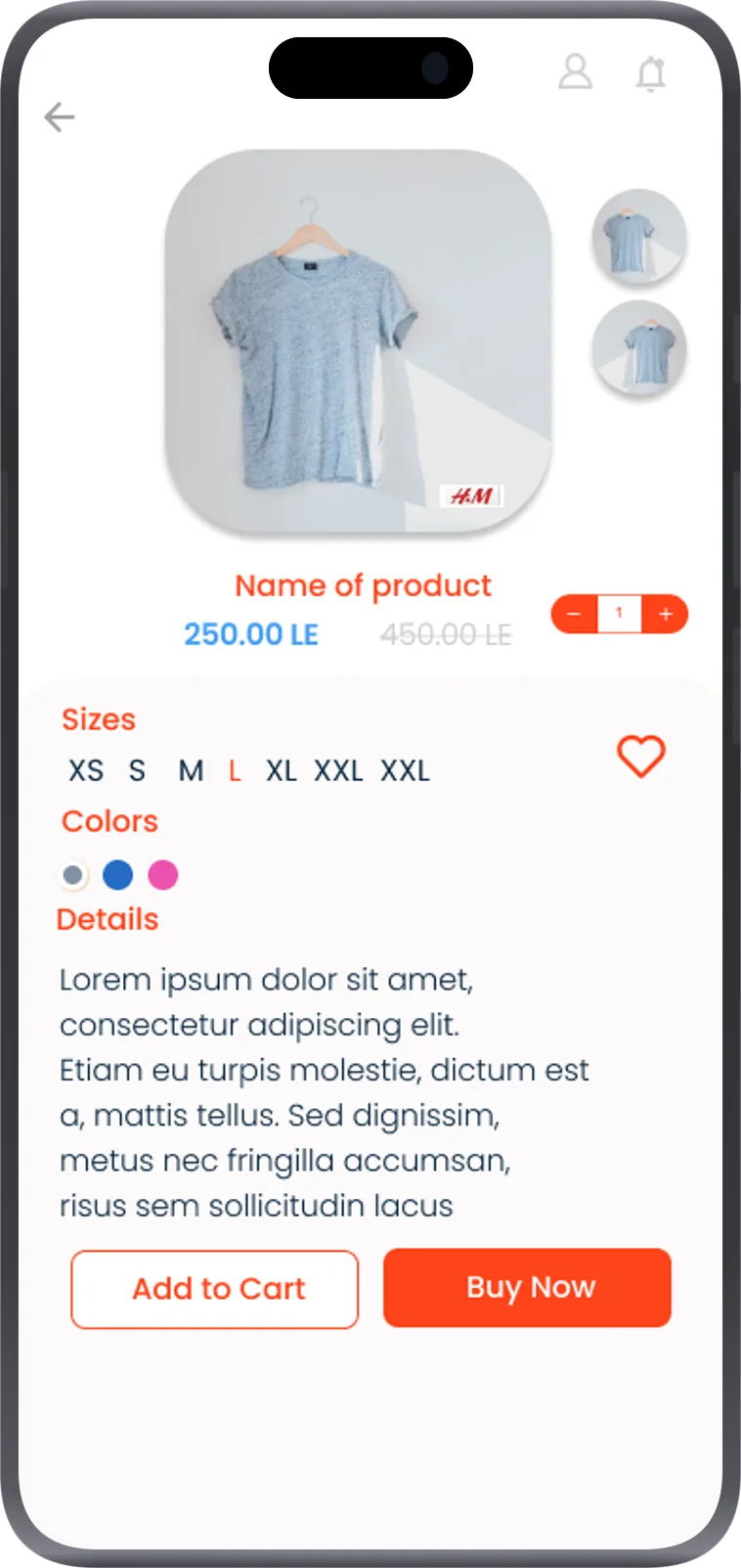 Storeify, clothes details page screen